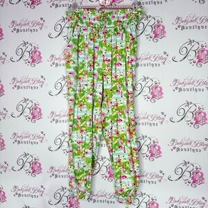 Pants flamingo tropical jungle vacation Floral Green stretchy cinch Pants
